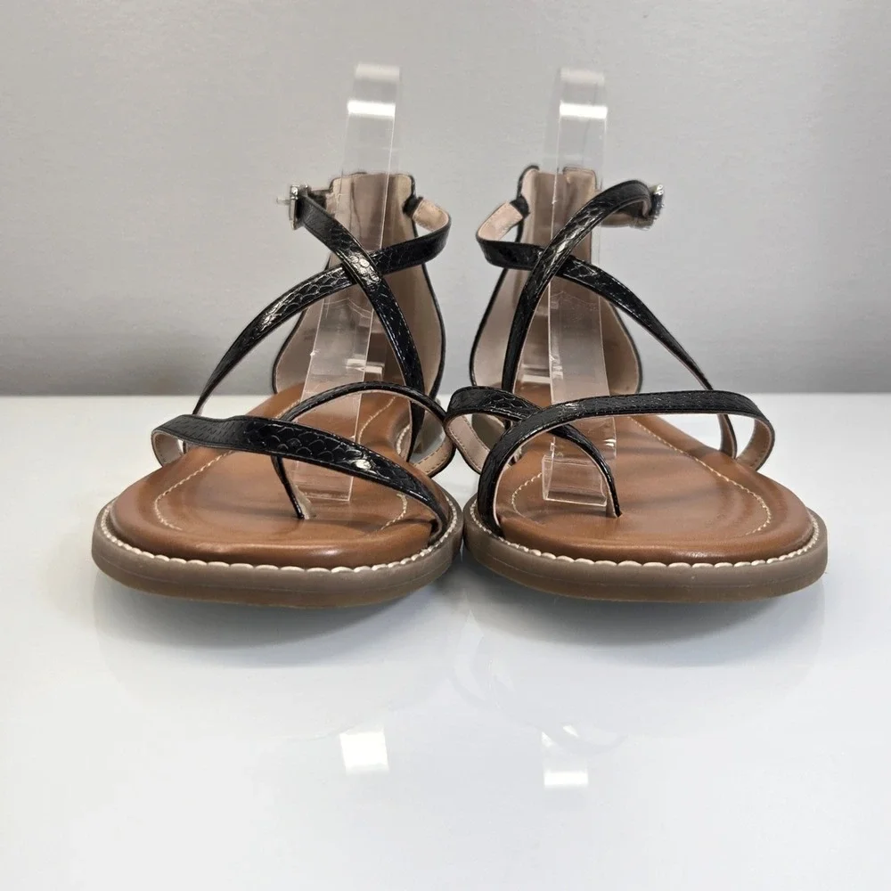 Mix No 6 Strappy Flat Gladiator Sandals 9 Black Vegan Leather Snakeskin Embossed